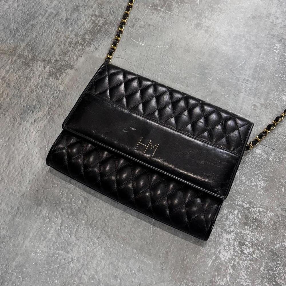 Vintage Hanae Mori Black Quilted Leather Crossbody Bag.